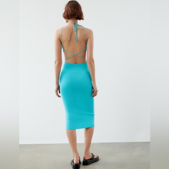 ZARA Turquoise Blue Bandage Knit Cross Open Back Midi Maxi Dress - Picture 4 of 17